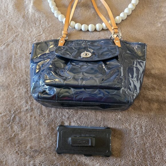 Coach Leah Embossed Patent Leather Tote Bag Navy Blue Tan Trim Turnlock Shoulder - Picture 15 of 16